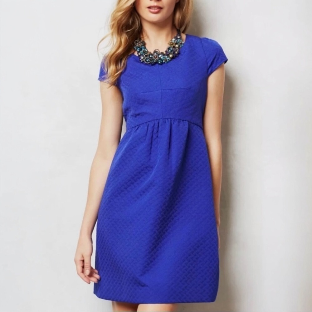 Anthropologie HD in Paris Blue Empress Jacquard Dress Empire Waist Size 0